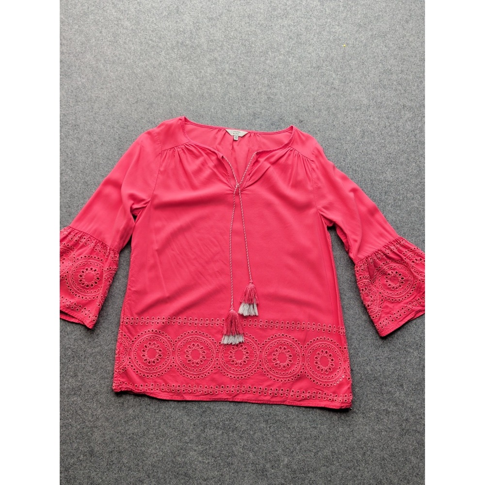 Crown & Ivy Women's Coral Pink Tunic Tassel Top Eyelet Hemline and Sleeve XS